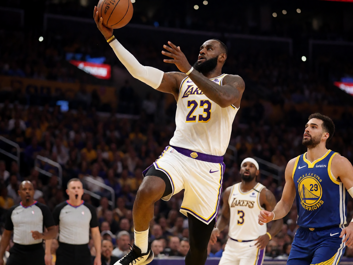NBA季后赛比赛中詹姆斯突破上篮的瞬间——湖人对阵勇士系列赛精彩画面